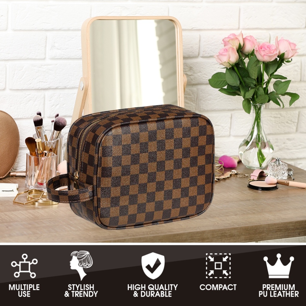 Luxouria Leather Checkered Makeup Bag (Brown)